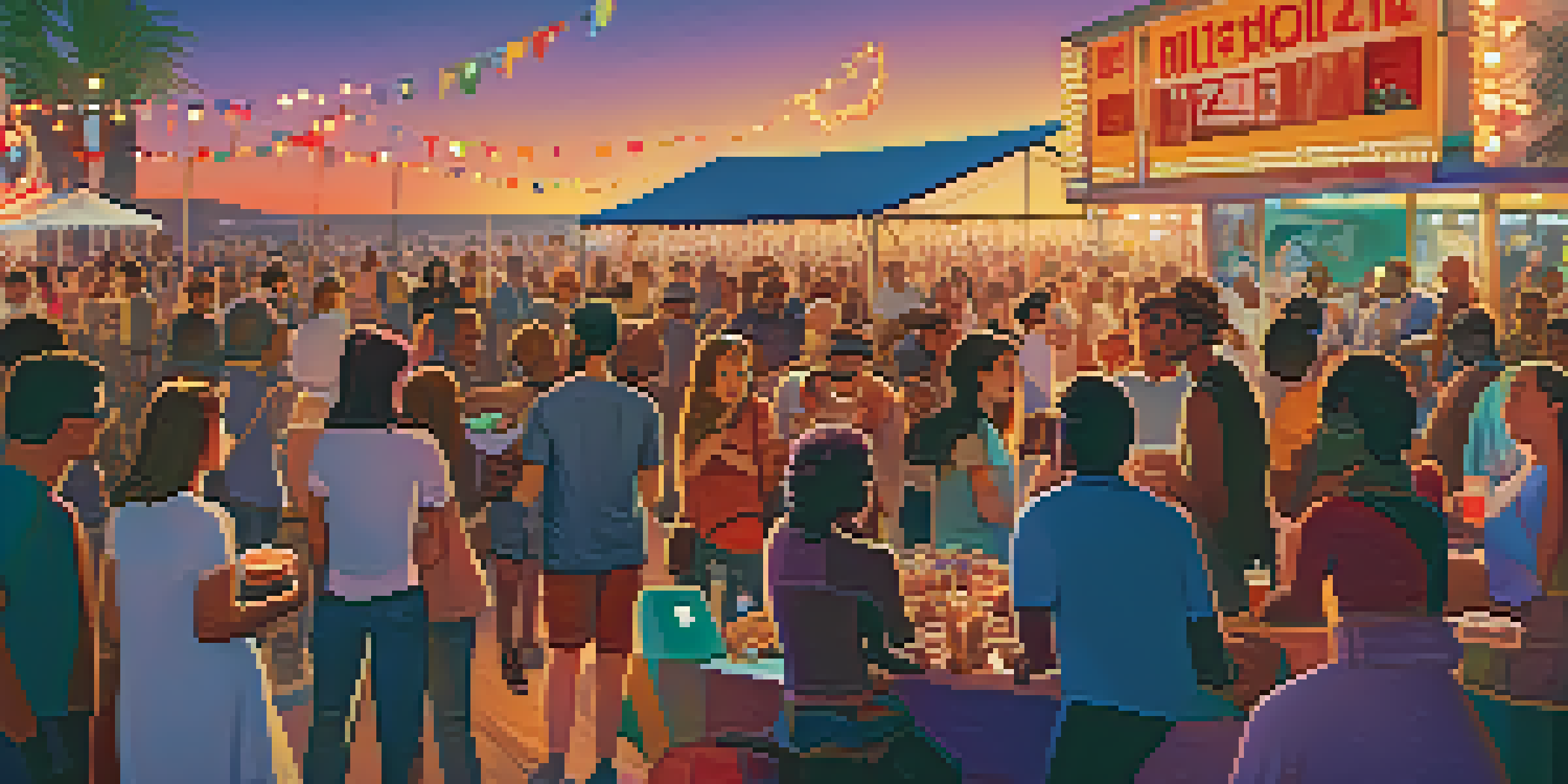A lively film festival scene at dusk with a diverse crowd discussing around illuminated movie screens and colorful banners.