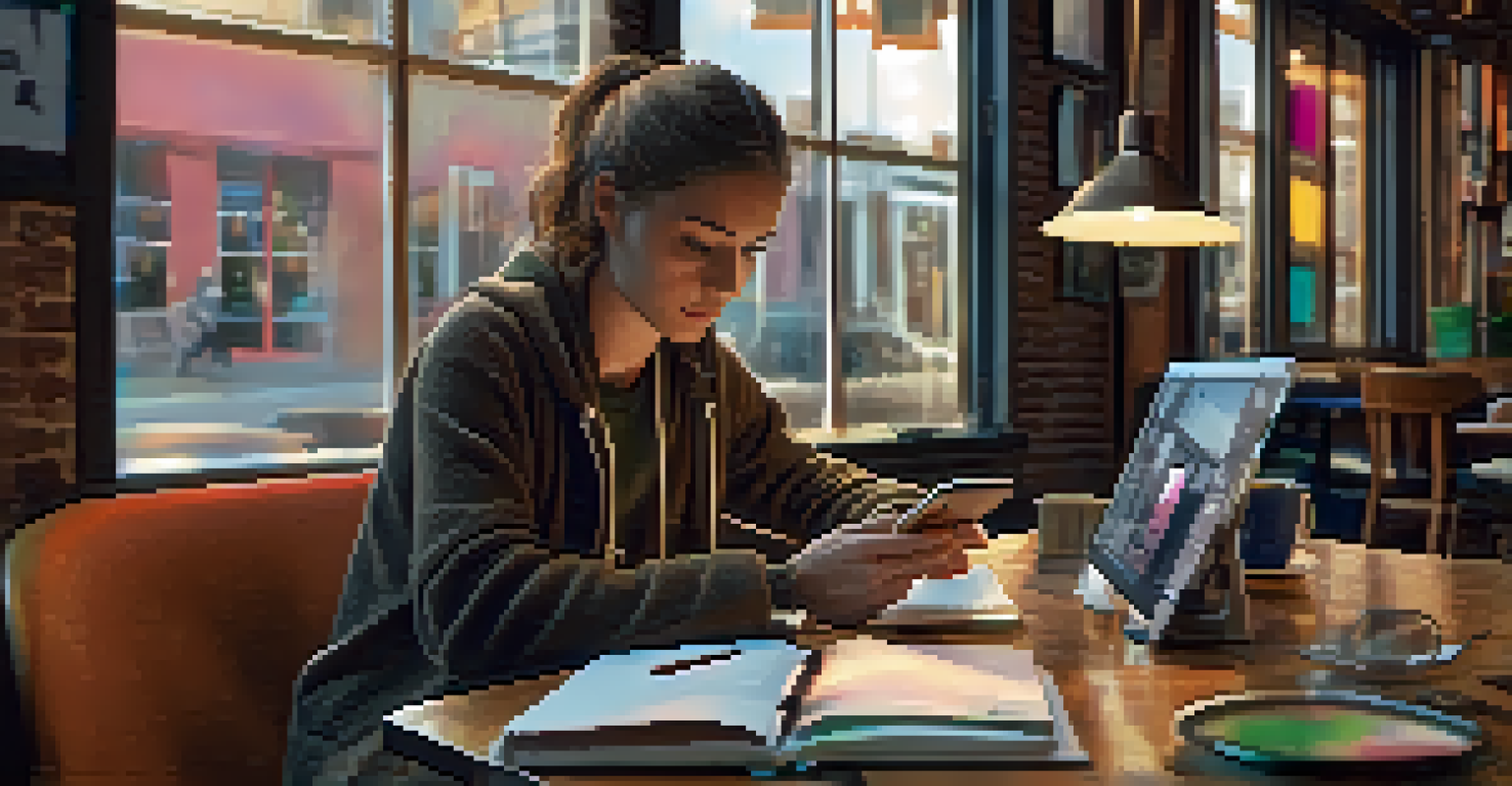 An artist in a coffee shop editing a video on their smartphone, surrounded by a laptop and notebooks in a warm, inviting atmosphere.