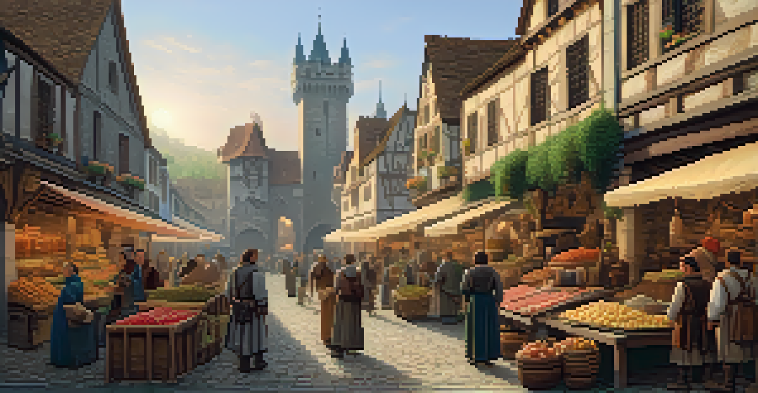 A medieval market scene with merchants, townsfolk, and a castle in the background.