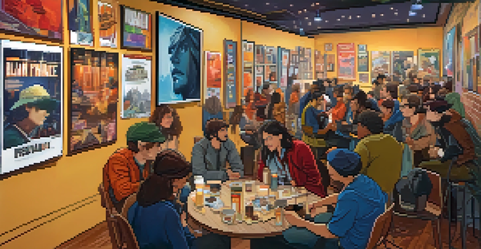 A lively gathering of diverse filmmakers at the Slamdance Film Festival, with colorful film posters and warm lighting creating a welcoming atmosphere.