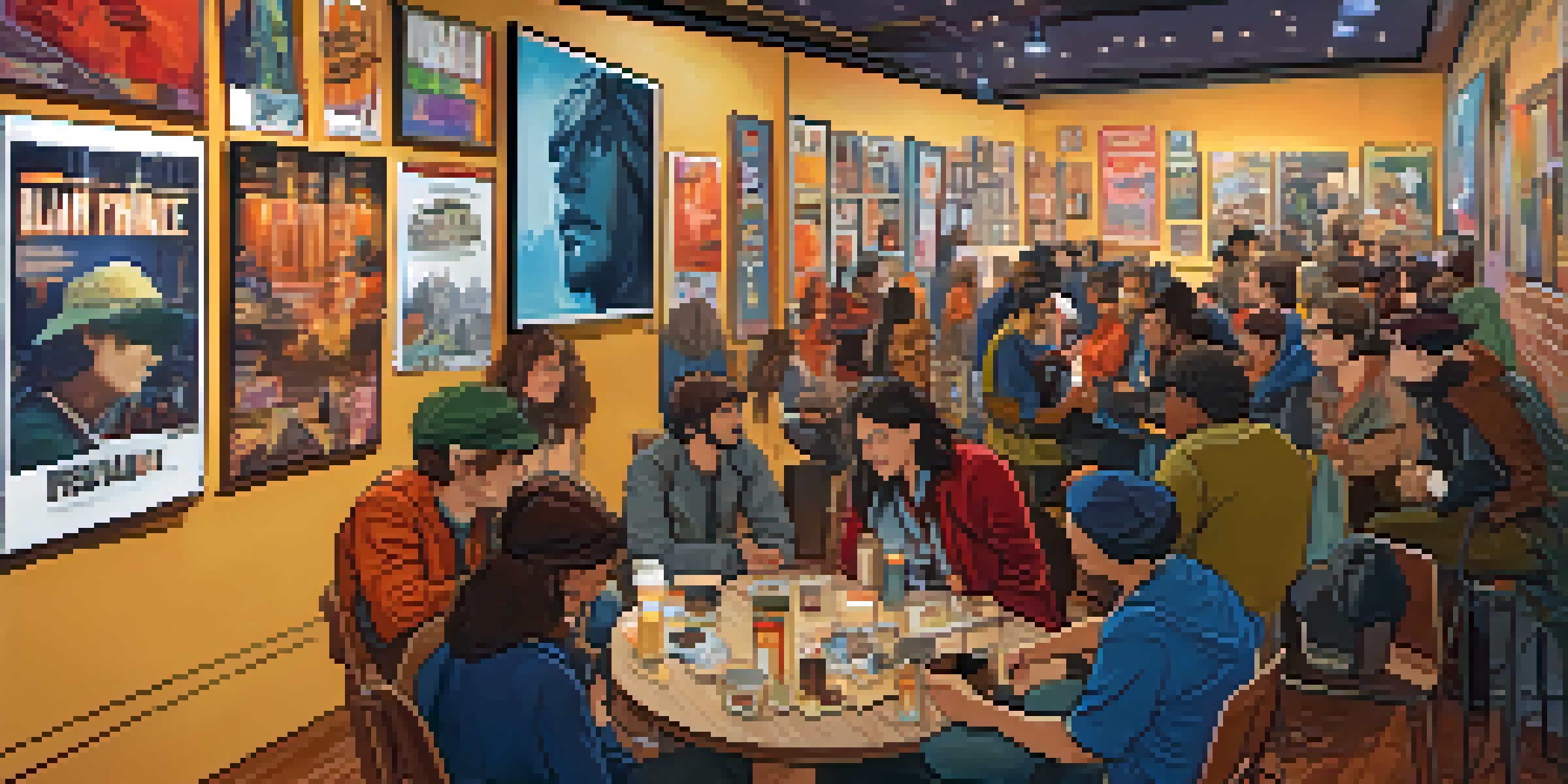 A lively gathering of diverse filmmakers at the Slamdance Film Festival, with colorful film posters and warm lighting creating a welcoming atmosphere.