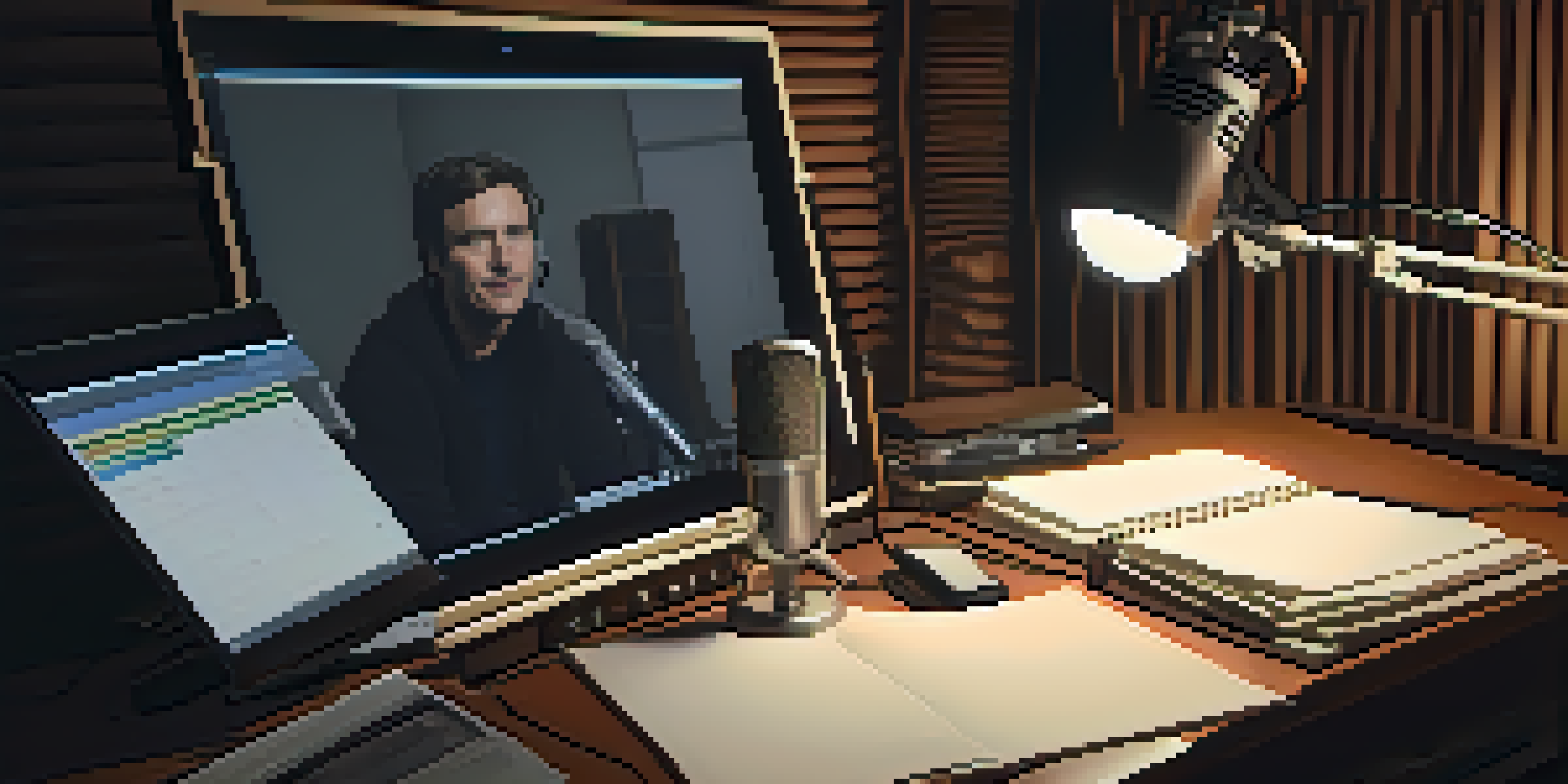 A documentary narrator in a cozy studio recording, with soft lighting and a vintage microphone.