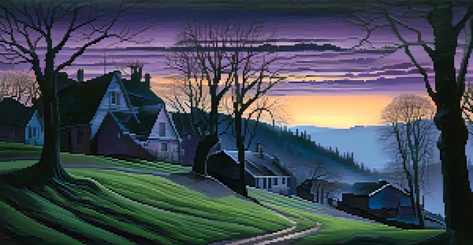 A surreal landscape with distorted buildings and eerie silhouettes of twisted trees under a twilight sky.