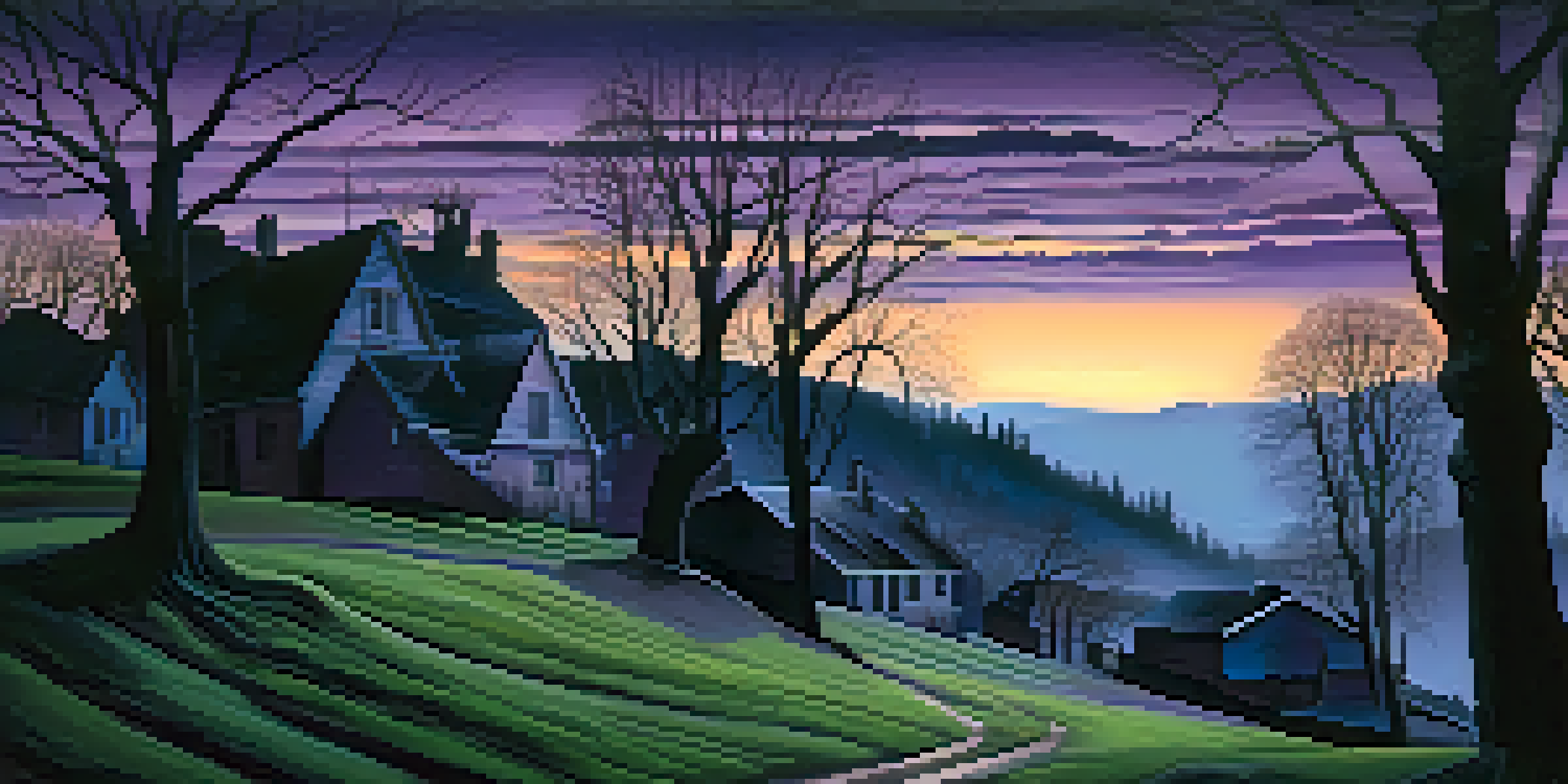 A surreal landscape with distorted buildings and eerie silhouettes of twisted trees under a twilight sky.