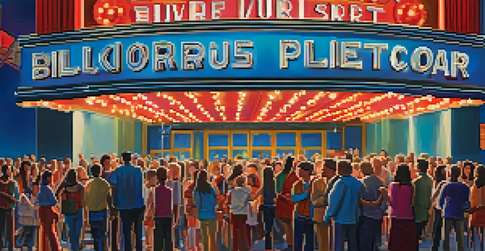A busy movie theater with a crowd waiting for a film premiere, colorful marquee lights, and twilight sky.