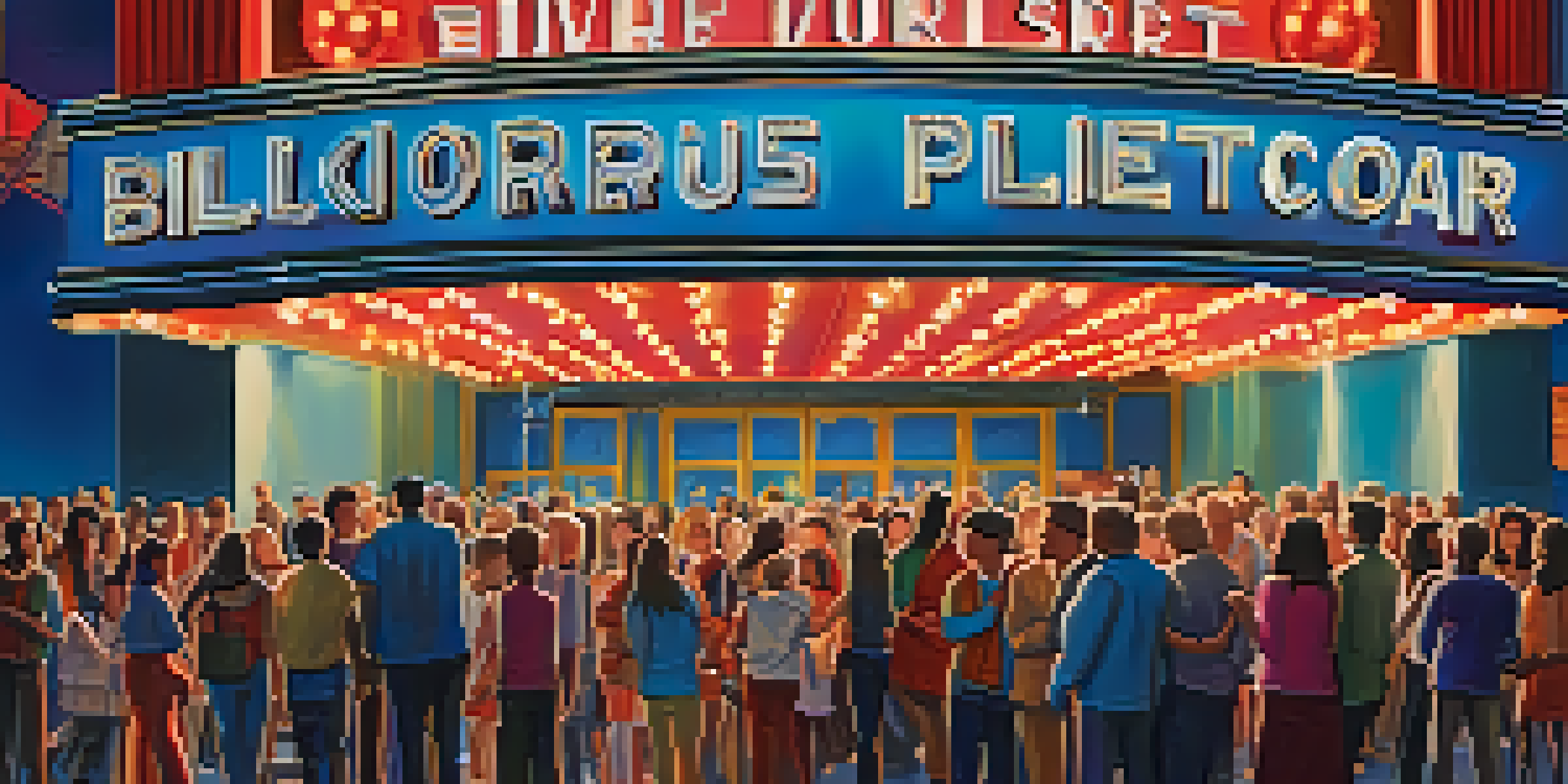 A busy movie theater with a crowd waiting for a film premiere, colorful marquee lights, and twilight sky.