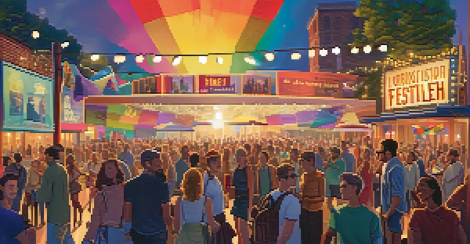 A lively film festival scene depicting a diverse crowd celebrating LGBTQ+ cinema with colorful banners and posters.