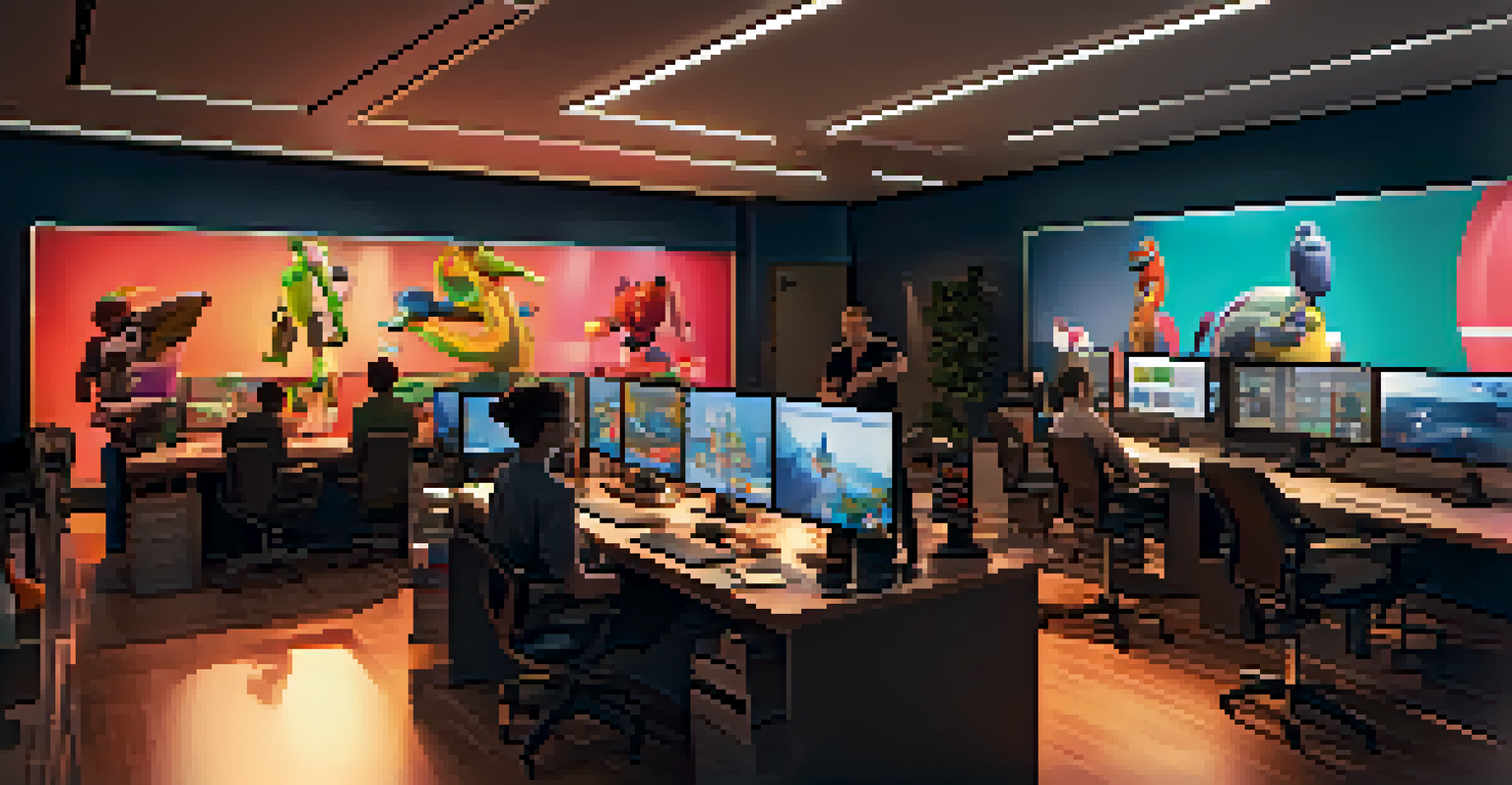 A modern 3D animation studio filled with animators working on lifelike characters and colorful LED lights illuminating the space.
