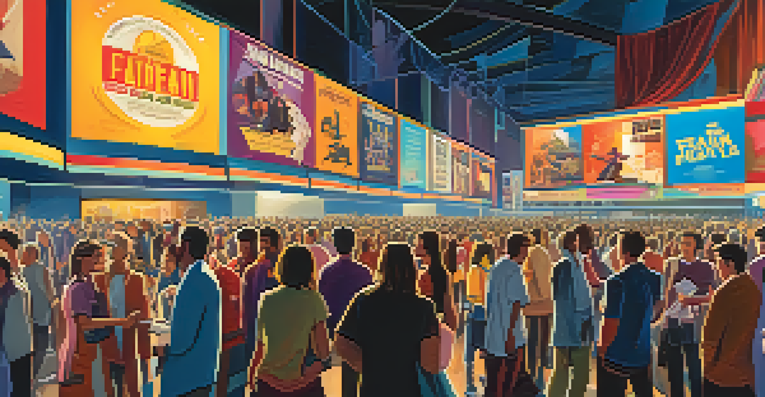 A vibrant film festival with diverse attendees engaging with film posters and enjoying screenings in a lively atmosphere.