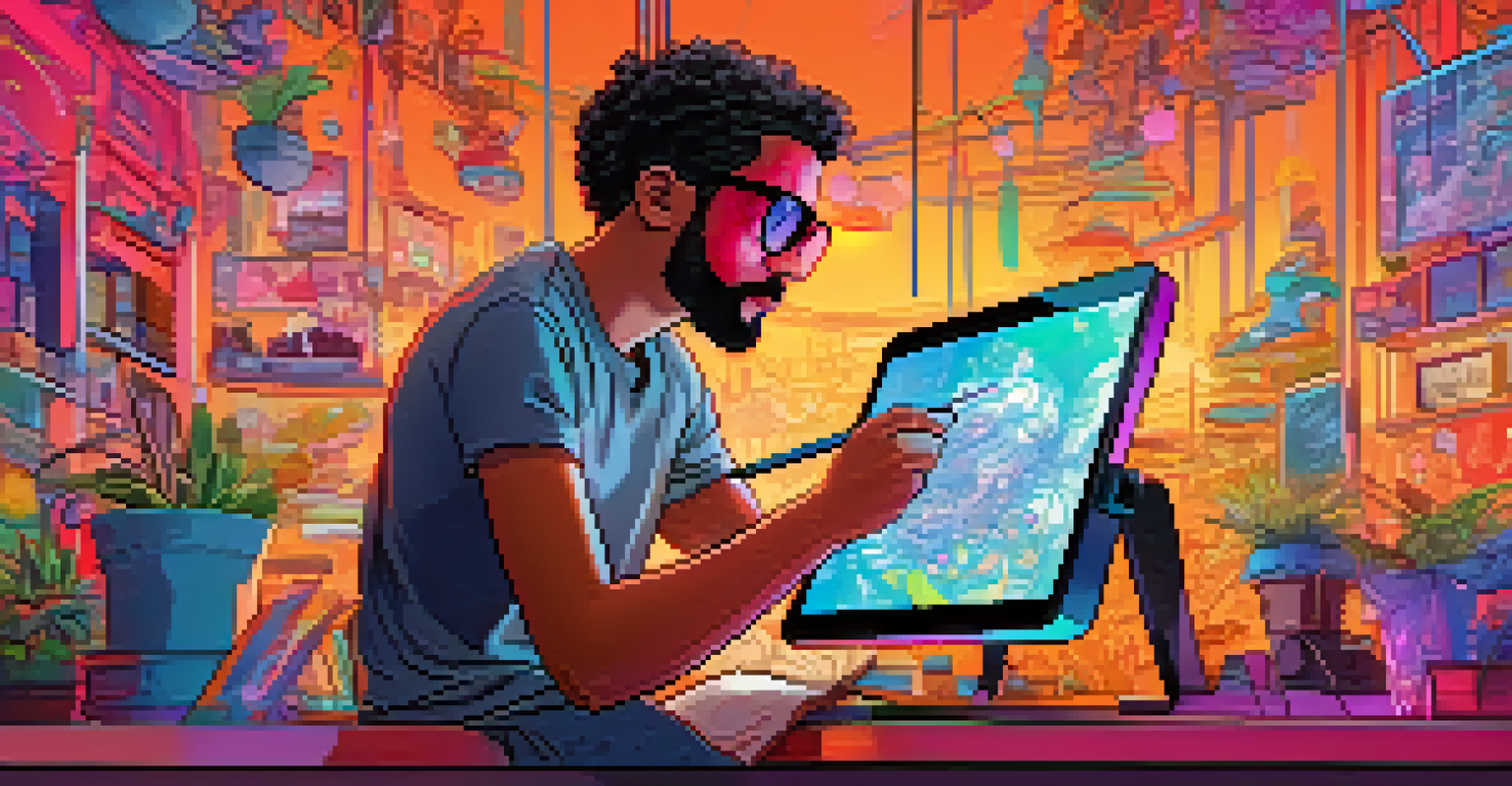 An animator using a tablet, surrounded by colorful hand-drawn sketches and digital graphics.