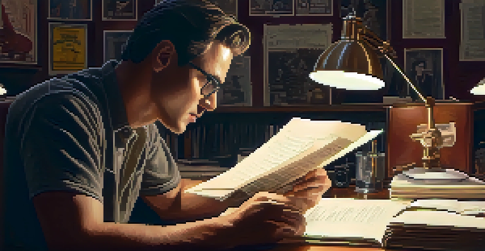 A filmmaker in a dimly lit room, reviewing script notes with biopic posters on the walls and a vintage camera on the table, illuminated by a warm desk lamp.