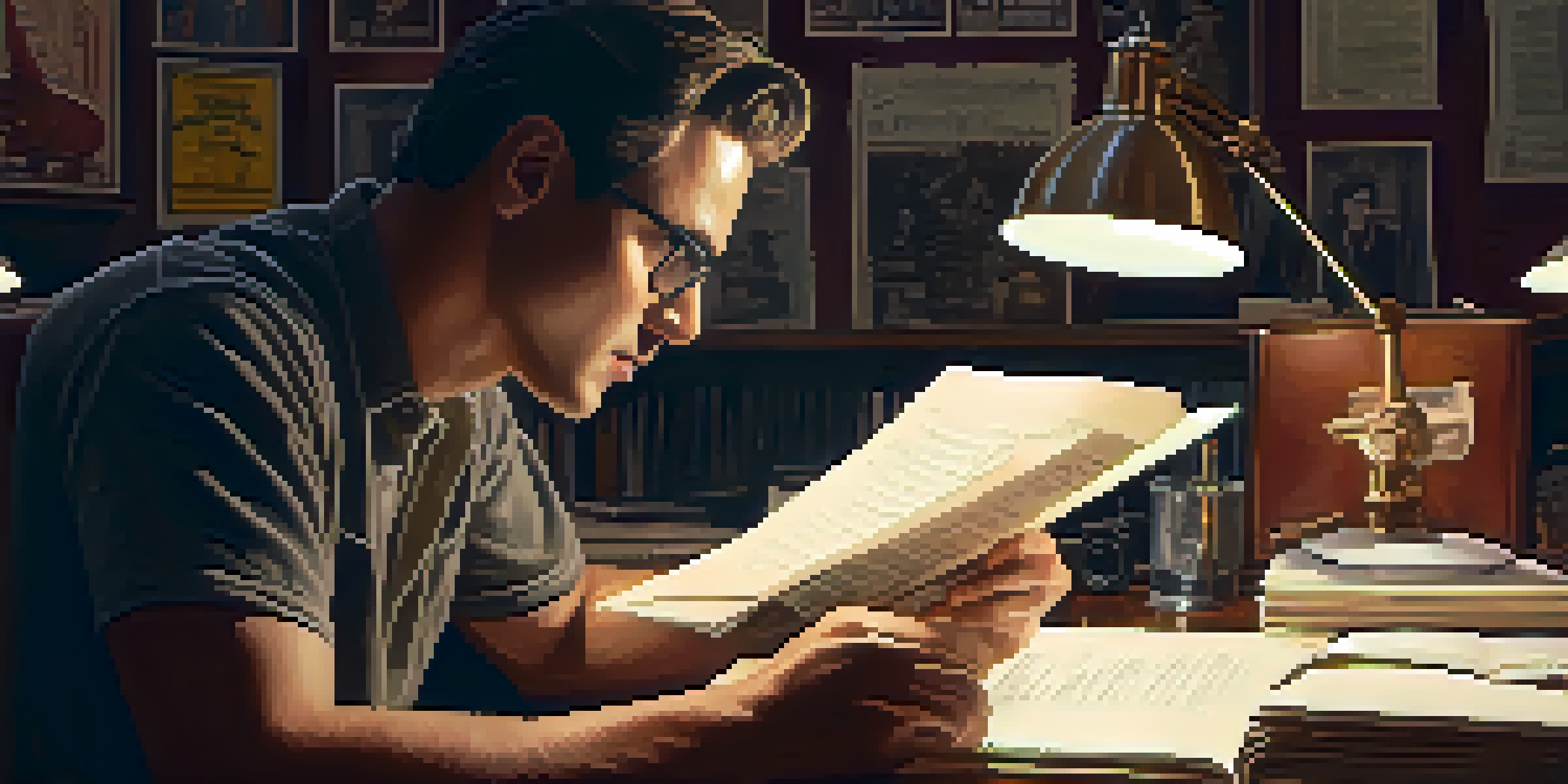 A filmmaker in a dimly lit room, reviewing script notes with biopic posters on the walls and a vintage camera on the table, illuminated by a warm desk lamp.