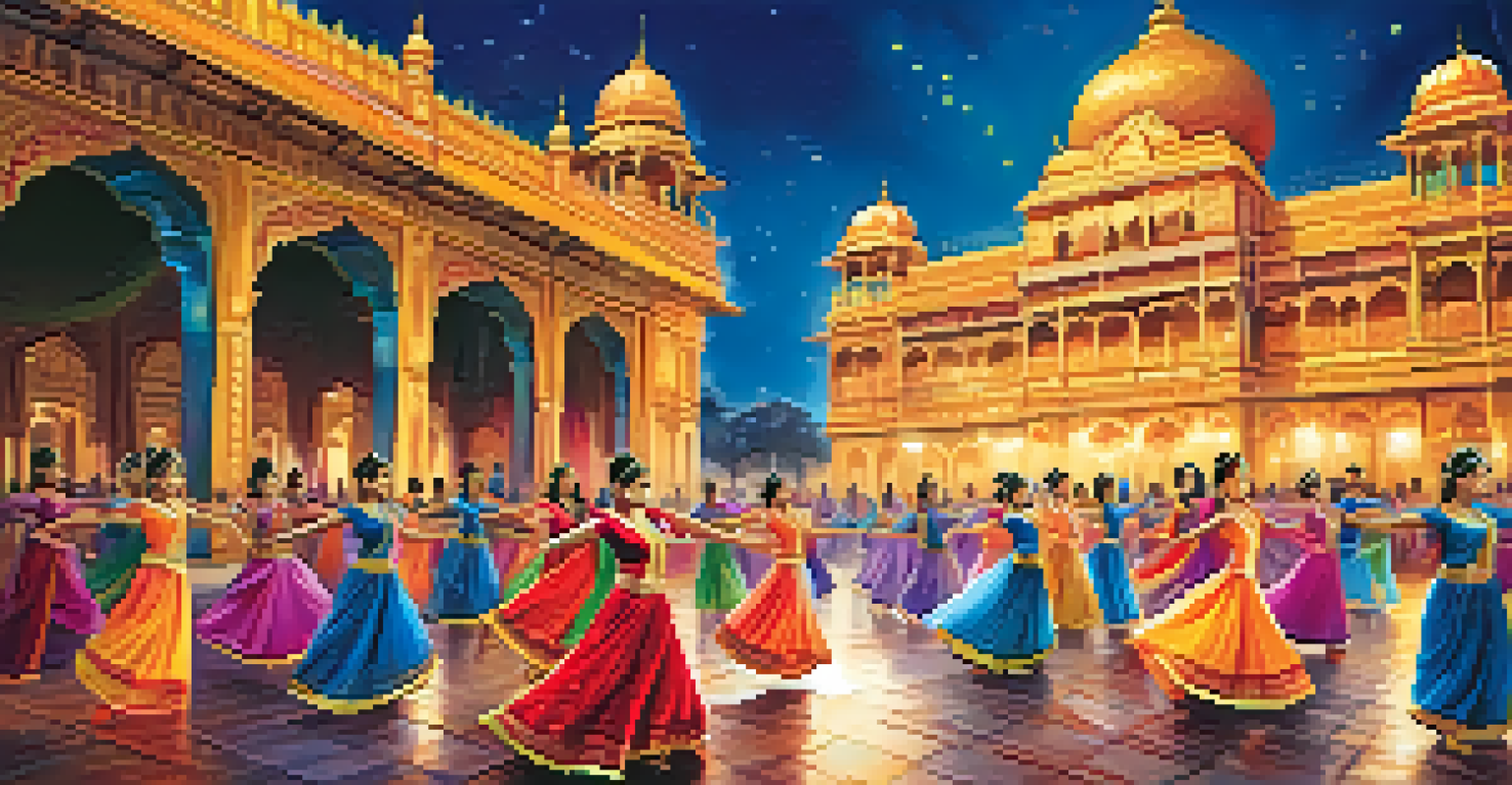 A dynamic Bollywood dance sequence with dancers in colorful costumes in front of a grand palace backdrop.