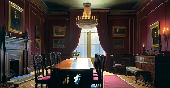 A Victorian-era room illuminated by flickering candlelight, featuring a ghostly figure in a mirror, creating an eerie and mysterious atmosphere.