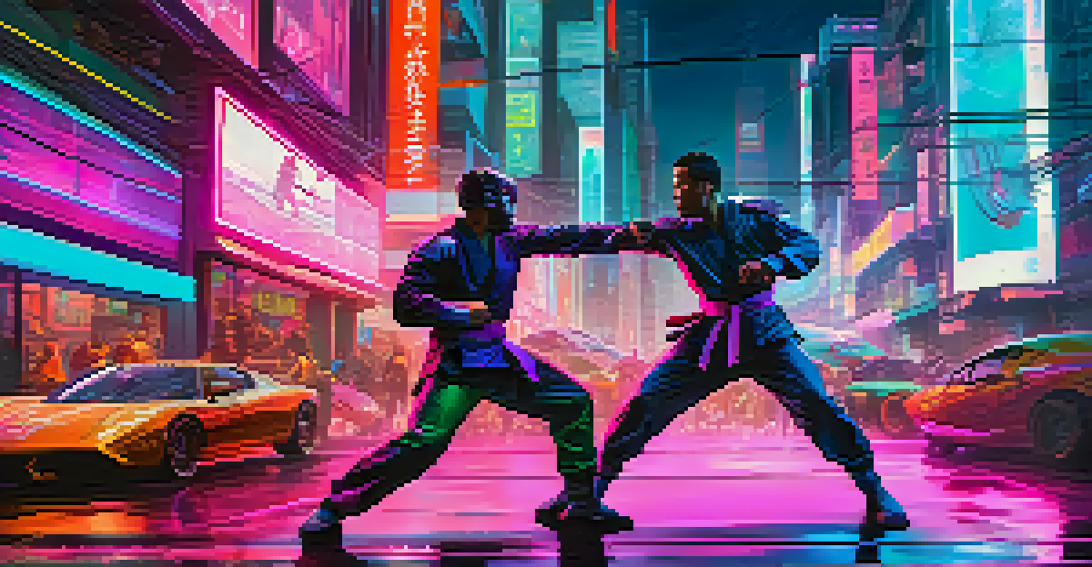 Two martial artists engage in a fight in a neon-lit futuristic city at night, surrounded by bright lights and holograms.