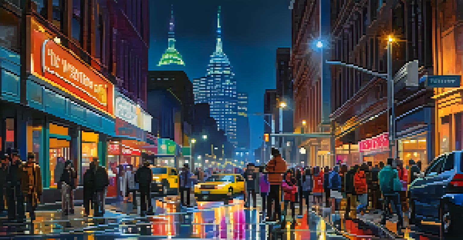 A lively city street at night with neon lights, featuring a street musician playing guitar and an engaged audience around.
