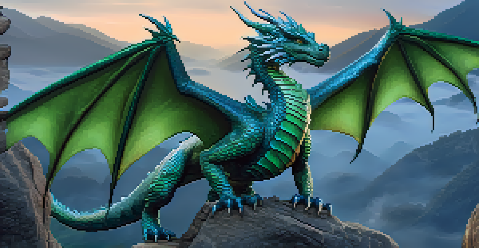 A close-up of a dragon on a cliff with shimmering scales and misty valley in the background.