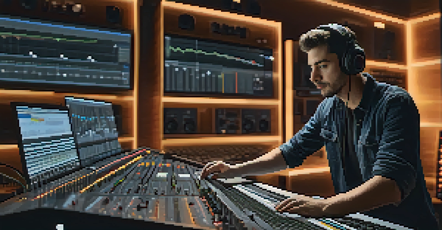 A sound designer in a modern studio, manipulating audio levels on a digital mixer surrounded by audio equipment.