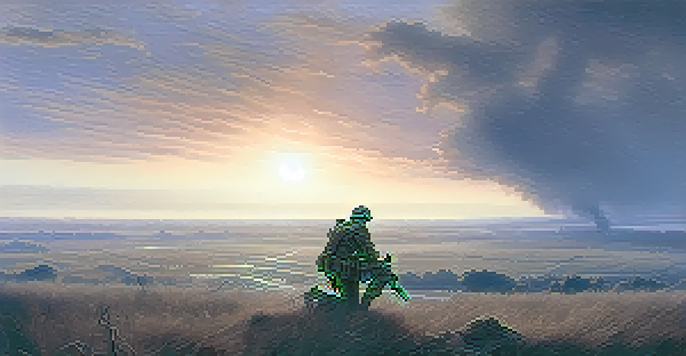 A lone soldier kneeling on a misty battlefield at dawn, with soft light illuminating his silhouette.