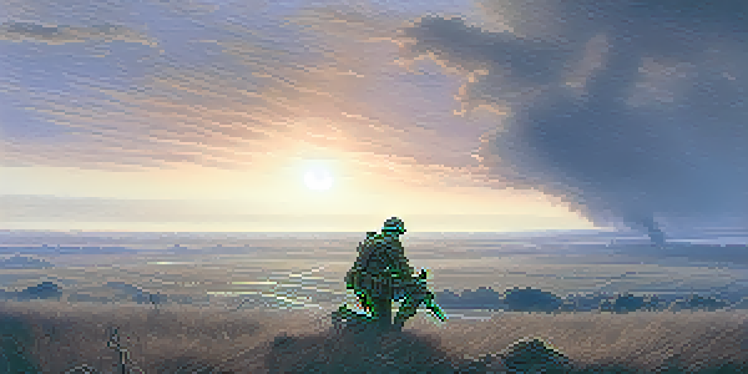A lone soldier kneeling on a misty battlefield at dawn, with soft light illuminating his silhouette.