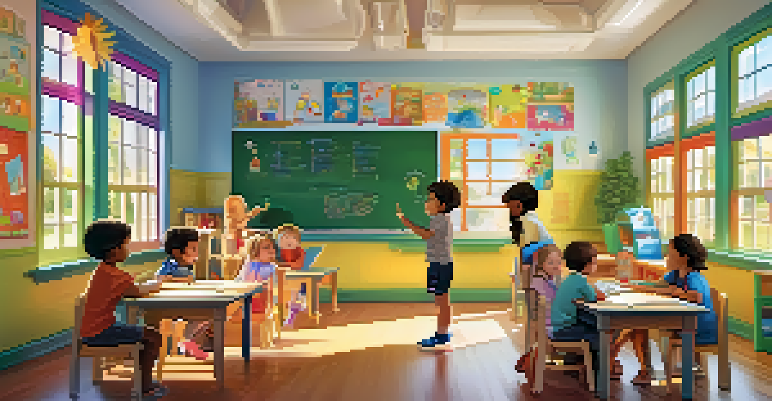 A colorful classroom filled with animated children learning through fun activities, illuminated by sunlight.