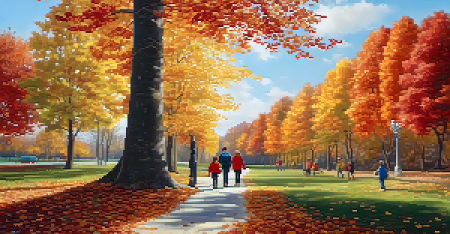 A picturesque park in autumn with colorful leaves, a winding path, and people enjoying the scenery.