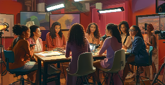 A diverse group of female filmmakers collaborating on a film set, surrounded by cameras and lights.