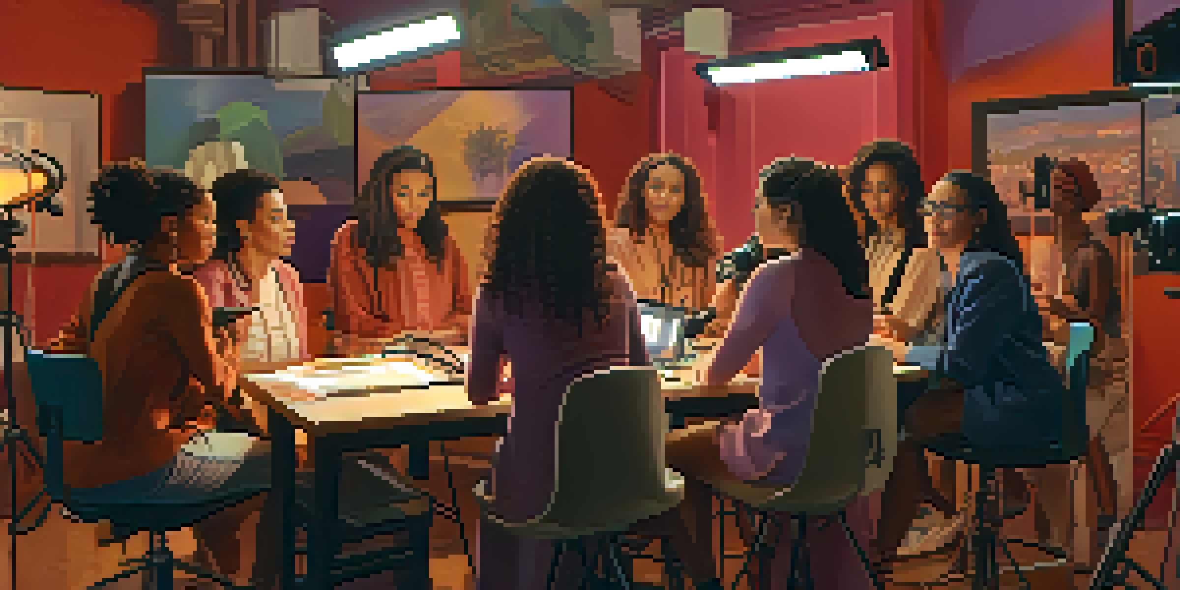 A diverse group of female filmmakers collaborating on a film set, surrounded by cameras and lights.
