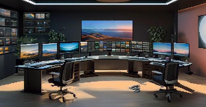 A modern film editing studio with multiple screens showing film clips, ambient lighting, and a sunset view outside.