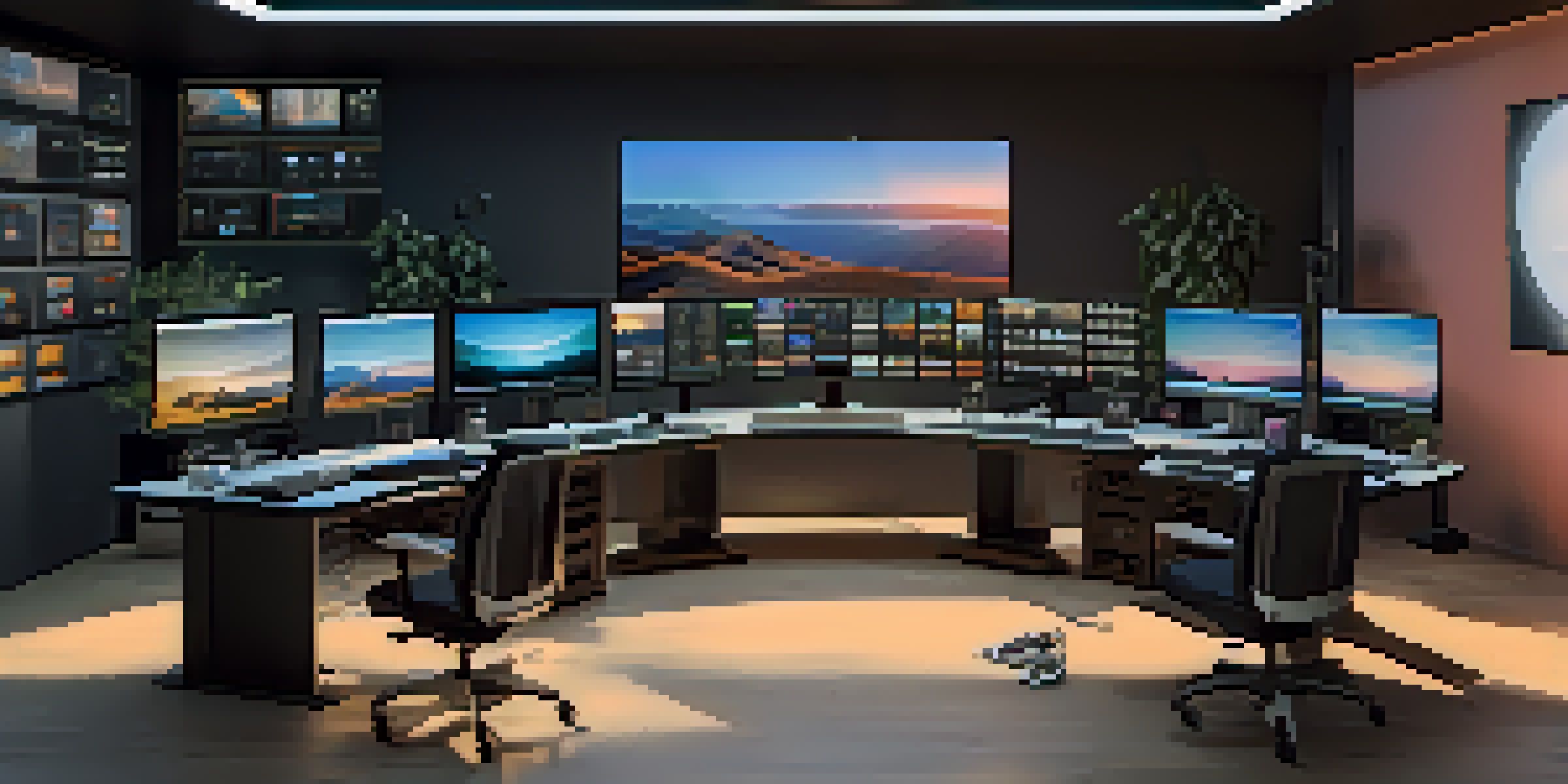 A modern film editing studio with multiple screens showing film clips, ambient lighting, and a sunset view outside.