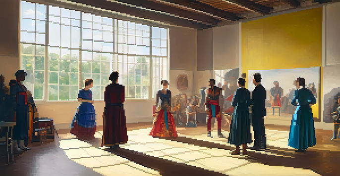 Actors in a bright rehearsal space, practicing imaginative exercises with colorful props and costumes.