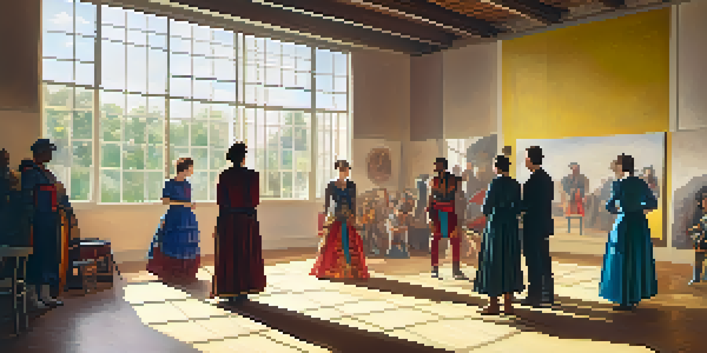 Actors in a bright rehearsal space, practicing imaginative exercises with colorful props and costumes.