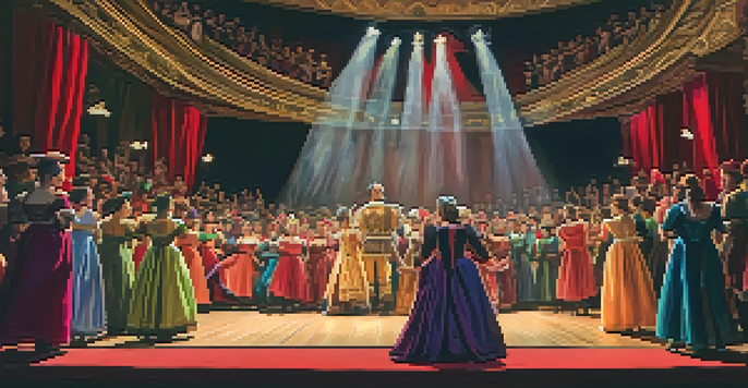 A theater stage with colorful costumes and props, actors rehearsing energetically, and an audience in the background.