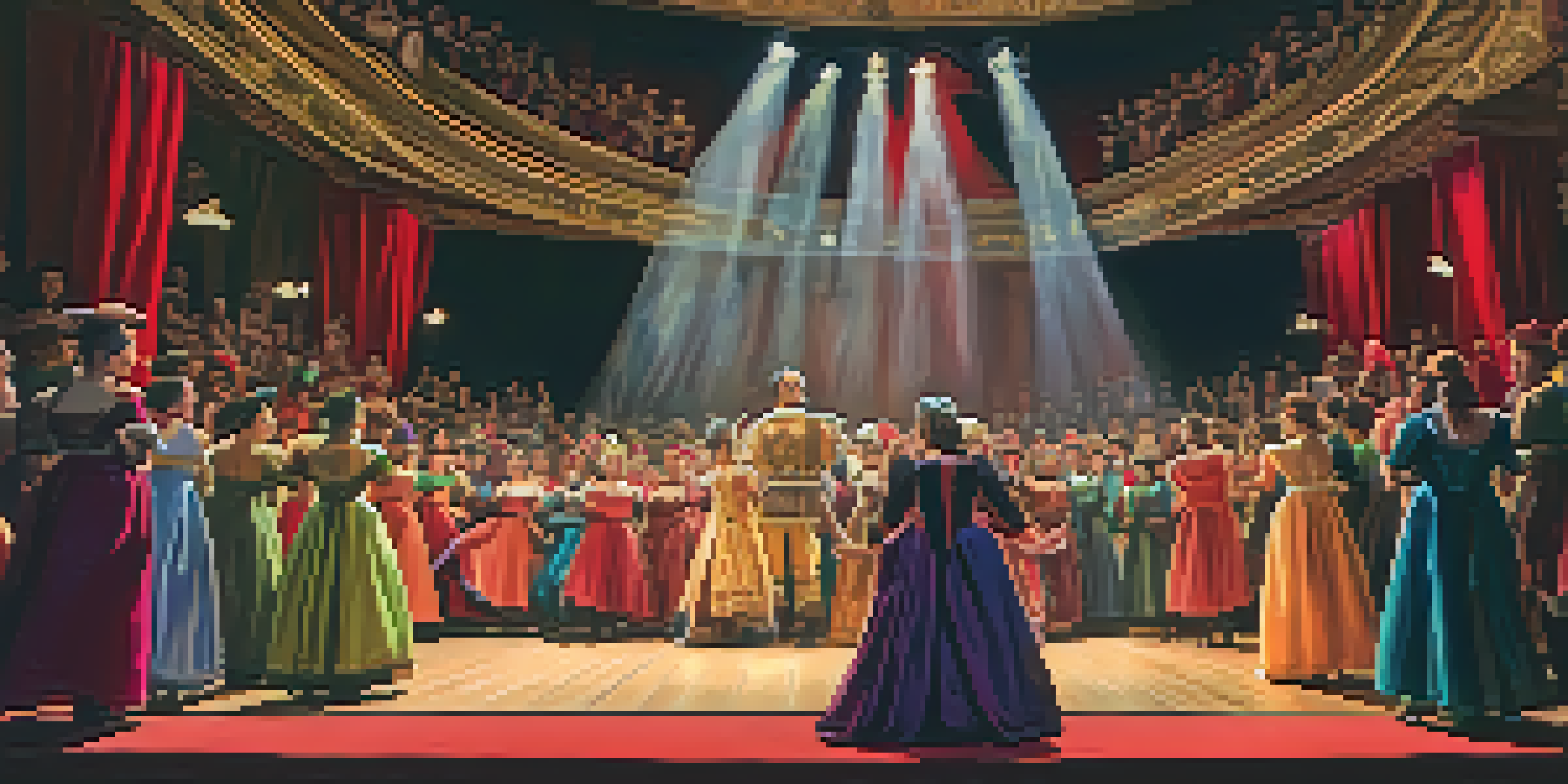 A theater stage with colorful costumes and props, actors rehearsing energetically, and an audience in the background.