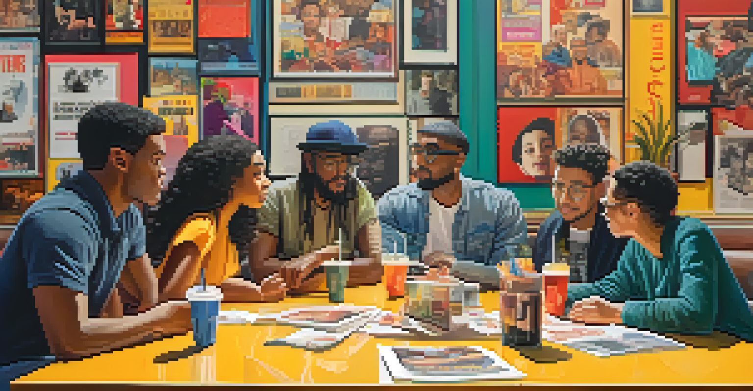 Diverse film critics discussing movies in a colorful café, with posters and notes around them.