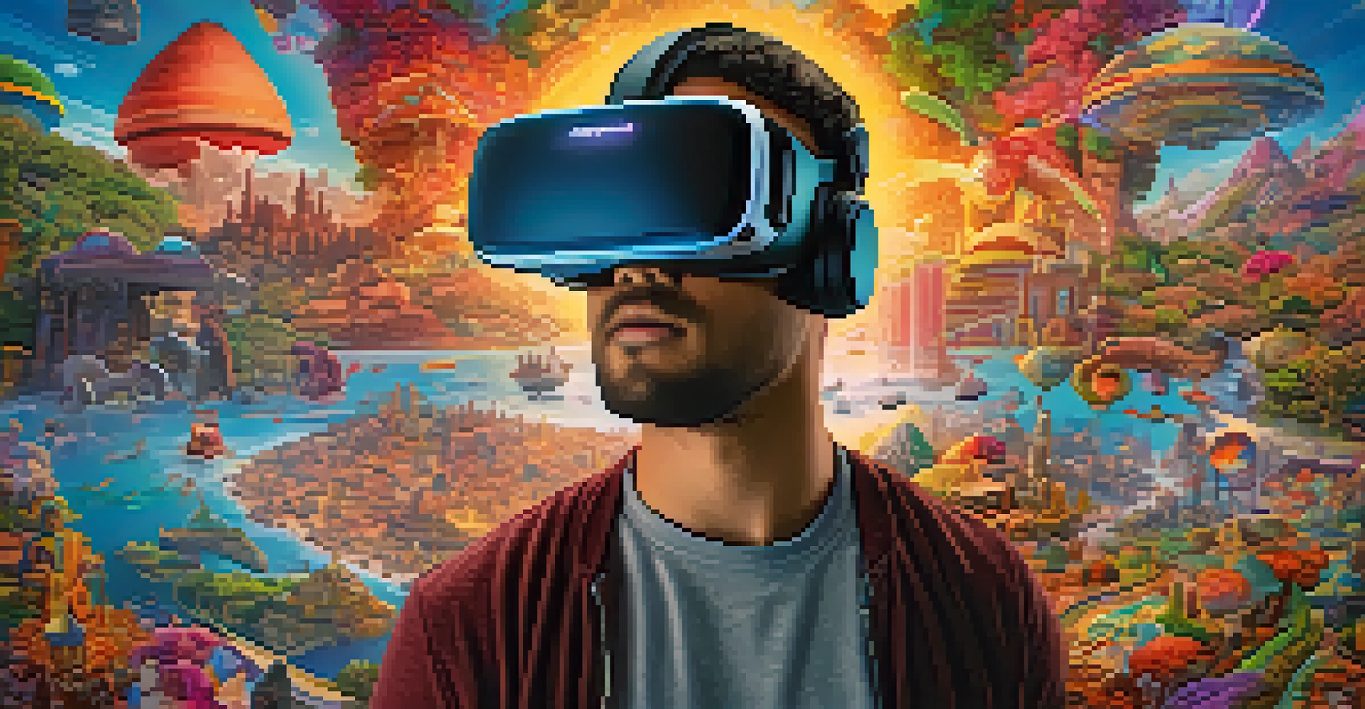 A person experiencing virtual reality, immersed in a colorful and intricate digital film scene with cultural elements.
