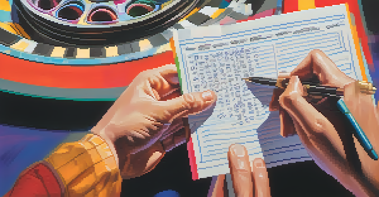 Close-up of a film critic's hands taking notes on a notepad in a movie theater lobby.