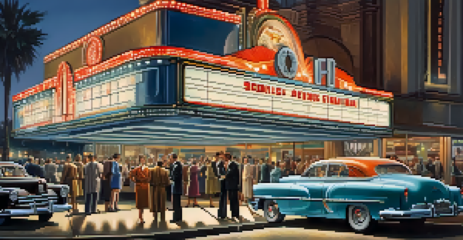 A vintage cinema from the 1950s with a science fiction film poster and classic cars outside.