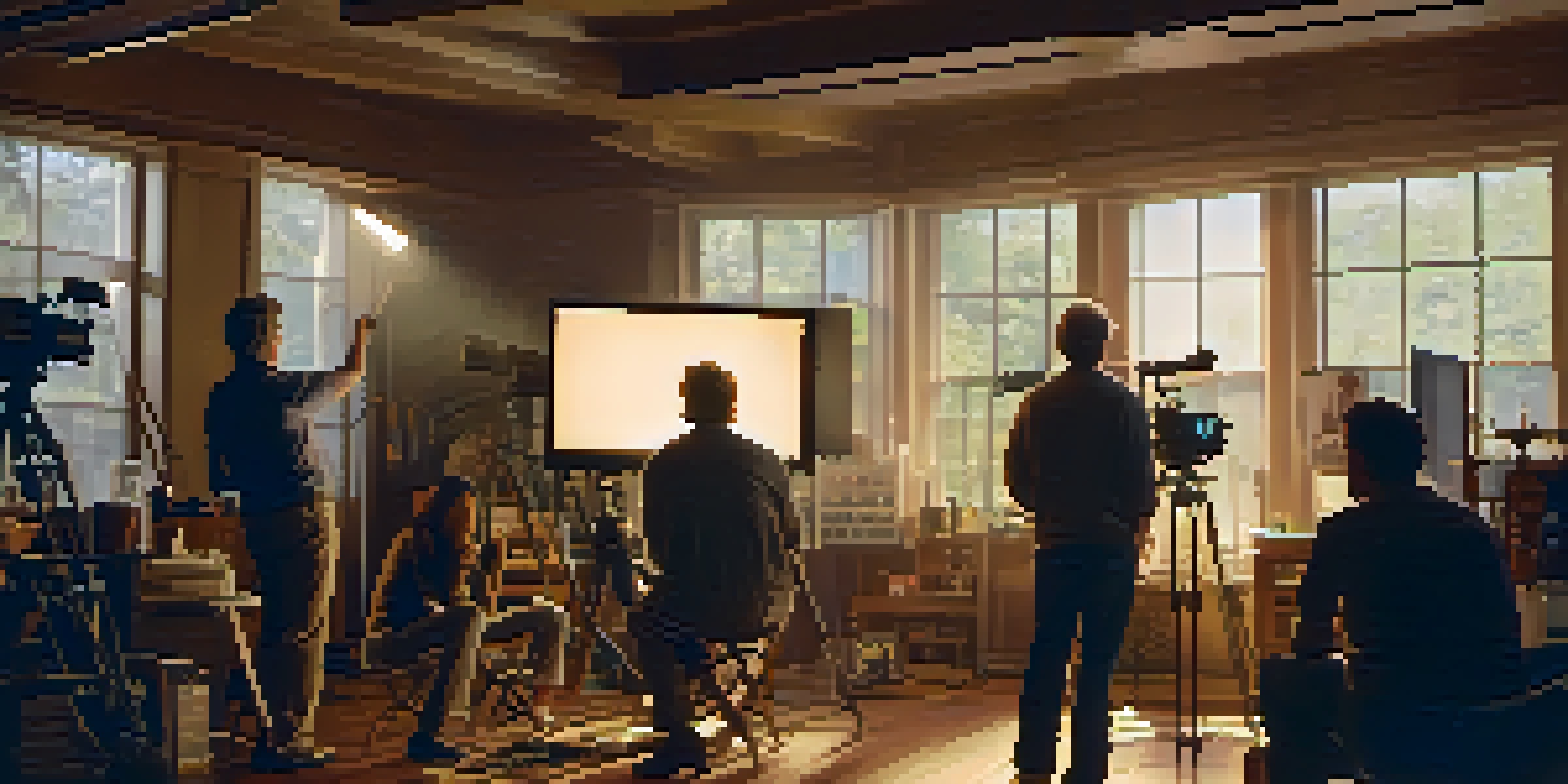 A film set with a director and crew members working together under warm golden hour light.