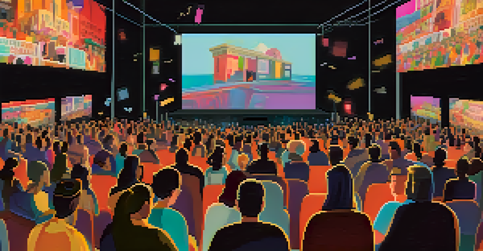 A lively film festival scene with a diverse audience engaged in screening and discussions, surrounded by colorful banners.