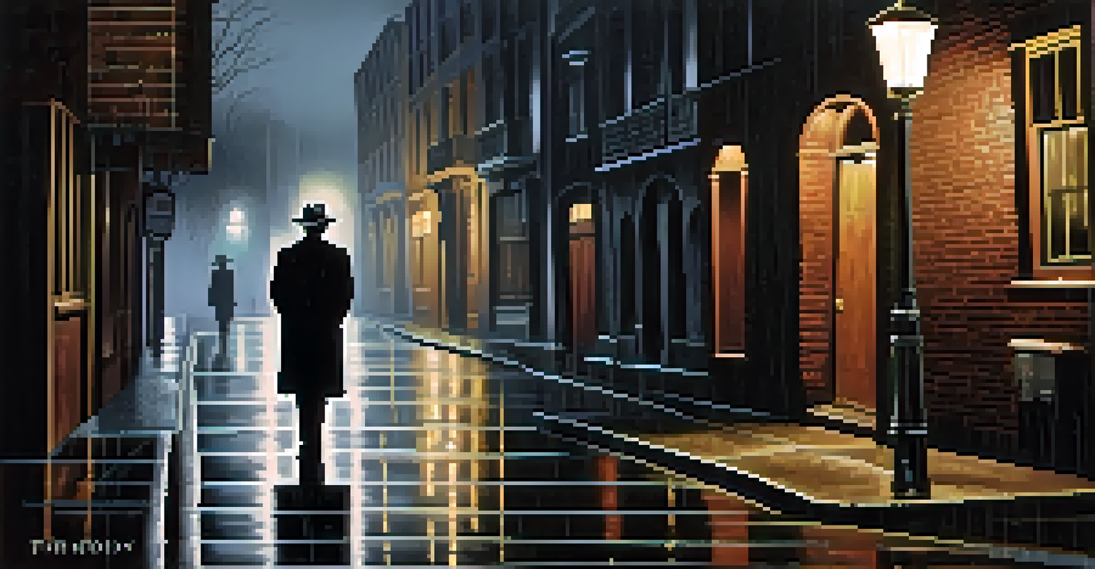 A dramatic film noir scene with a shadowy figure in a fedora under a streetlamp in a rain-soaked alley, creating a mysterious atmosphere.