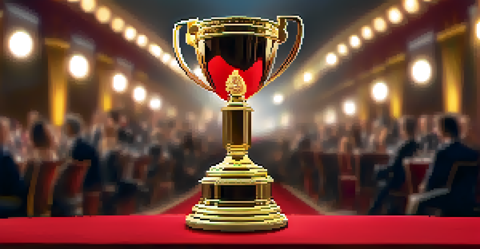 A shiny award trophy on a wooden table, with a soft golden light and a blurred background of a red carpet event.