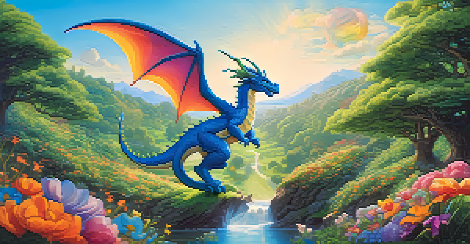A whimsical dragon flying in a blue sky, leaving colorful sound waves behind.