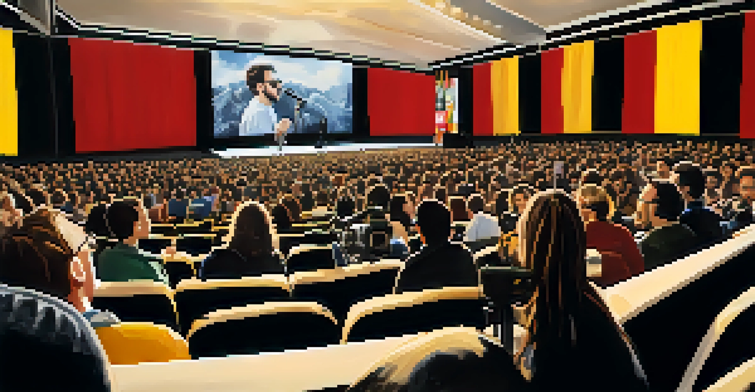A filmmaker speaking at a panel discussion during the Locarno Film Festival, surrounded by an engaged audience in a well-lit setting with festival banners.