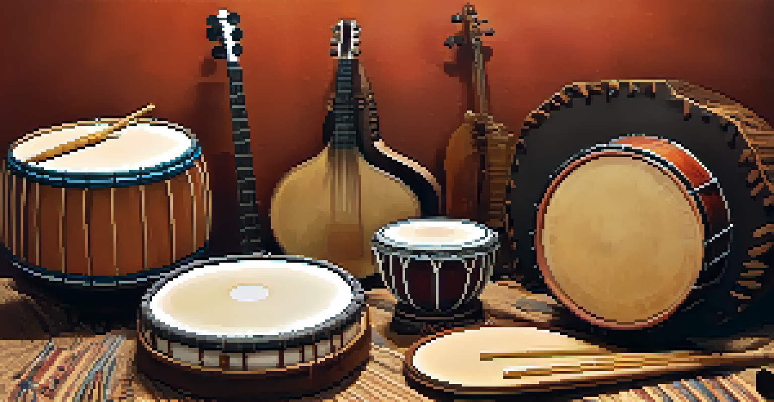 A collection of cultural musical instruments arranged artistically against a textured background.