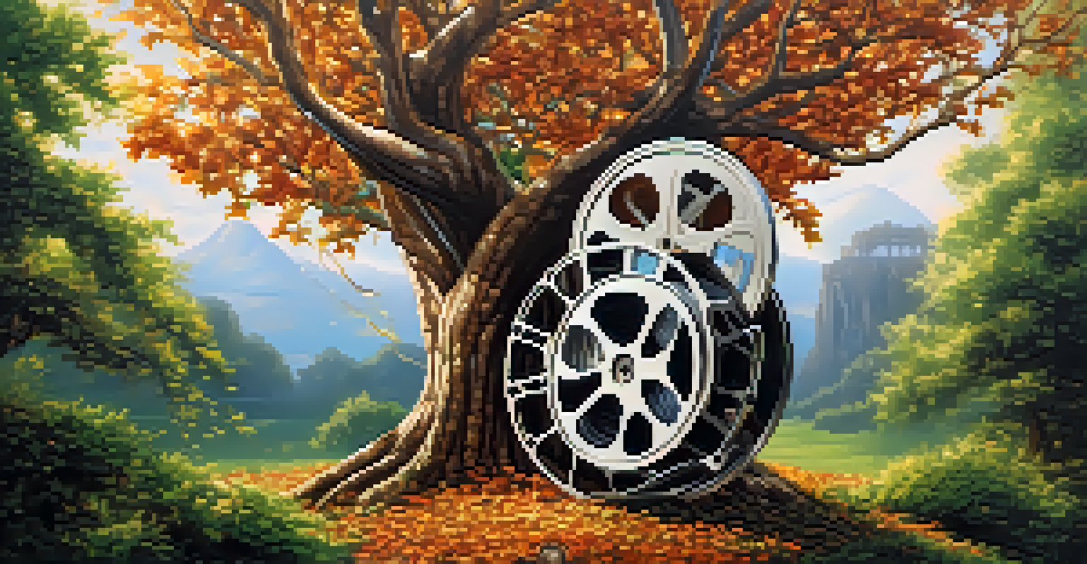 A film reel transforming into a tree, representing the growth of knowledge, with detailed film scenes on the reel and sunlight filtering through the leaves.