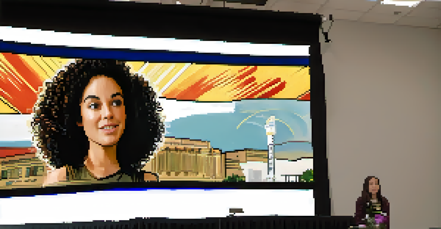 A young female filmmaker presenting her film at the Cleveland International Film Festival, with a projector screen in the background.