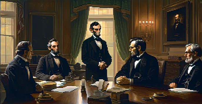 President Abraham Lincoln in a dimly lit room with his cabinet members, discussing the 13th Amendment.