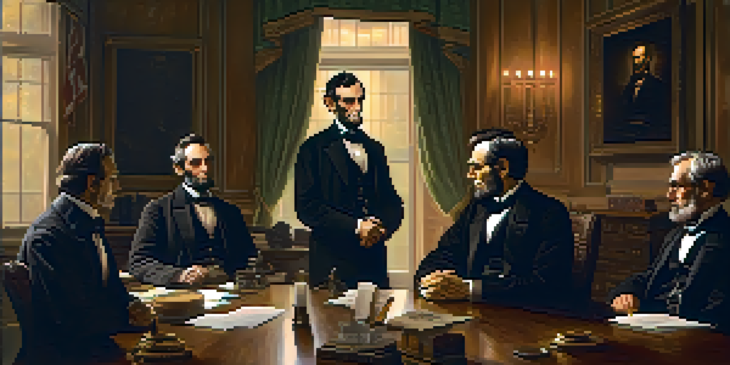 President Abraham Lincoln in a dimly lit room with his cabinet members, discussing the 13th Amendment.