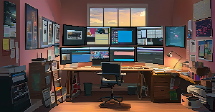 A film editing workspace with multiple computer screens, colorful sticky notes, and a coffee cup on the desk.